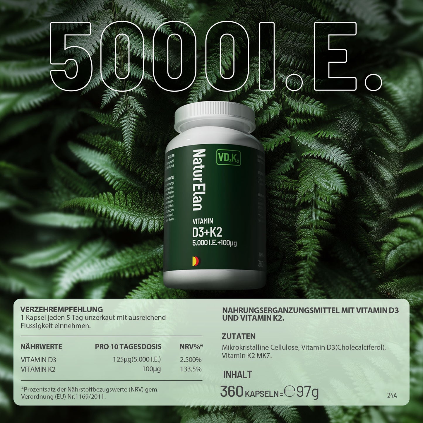 NaturElan Vitamin D3+K2 5.000 I.E. + 100µg – 360 Kapseln