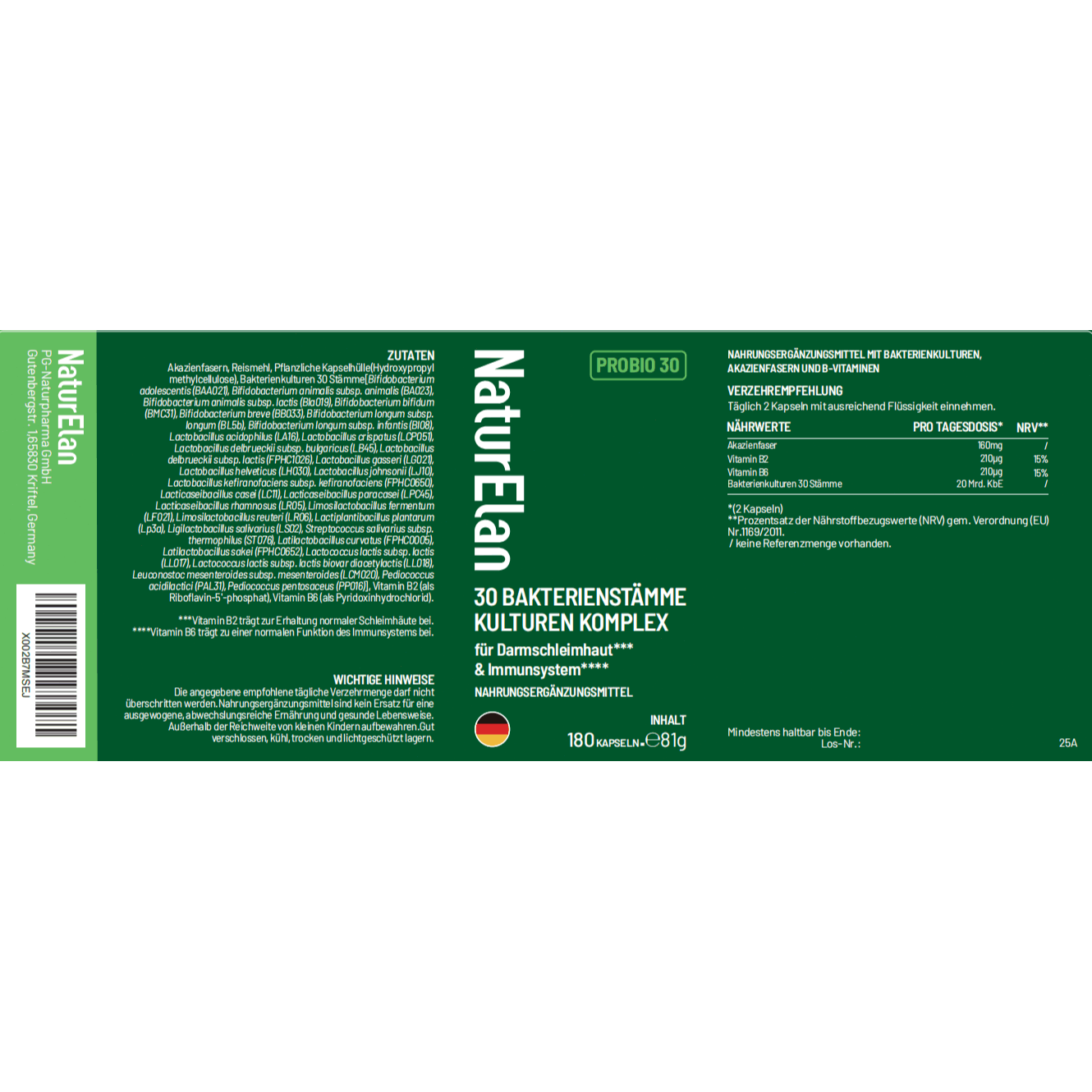 NaturElan PROBIO30 Doppelpack – 30 Bakterienstämme Kulturen Komplex (2 × 180 Kapseln)