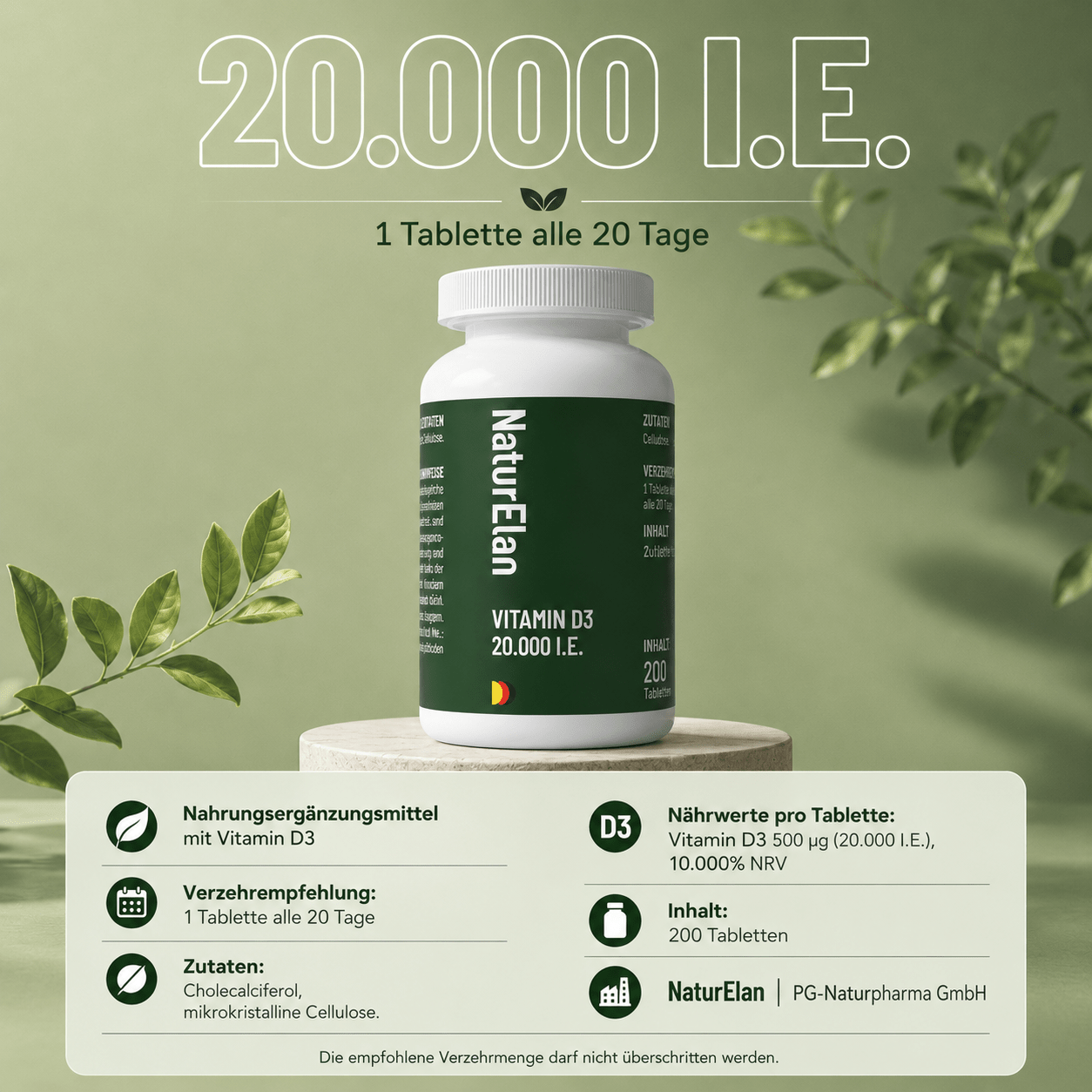 NaturElan Vitamin D3 20.000 I.E. – 2 x 200 Tabletten (Doppelpack)