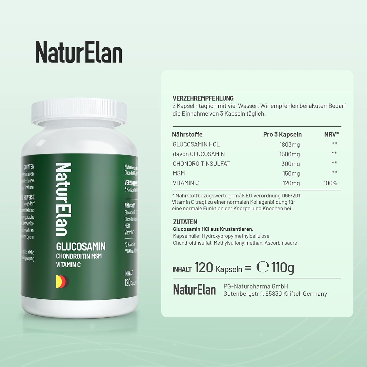 NaturElan Glucosamin Chondroitin MSM Vitamin C – 120 Kapseln, vegan