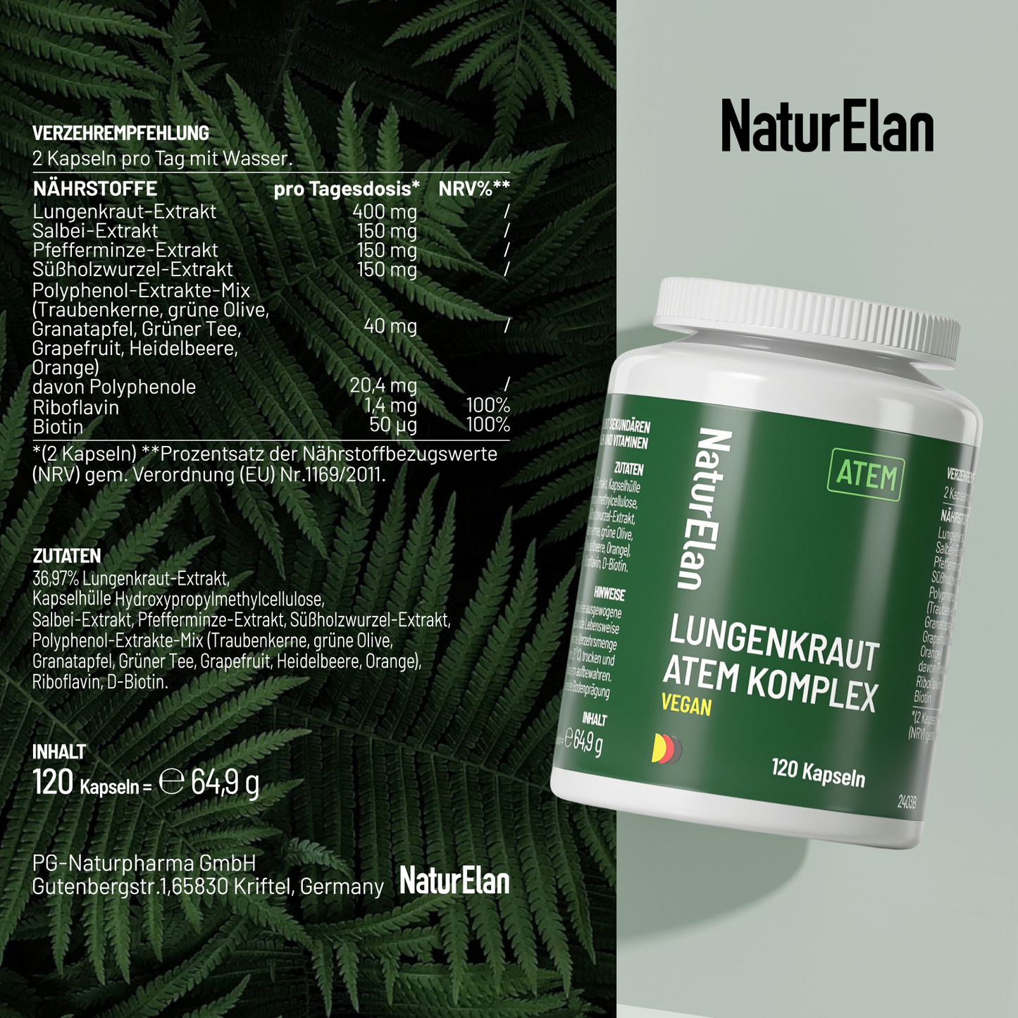 NaturElan ATEM – Lungenkraut Atem Komplex, Vegan, 2 × 120 Kapseln (Doppelpack)