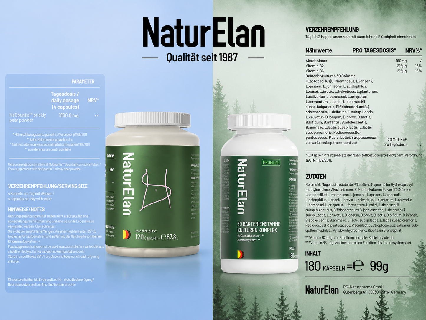 NaturElan Kombi-Set – NeOpuntia™ Feigenkaktus-Pulver 120 Kapseln + Probio23 Kulturen Komplex 60 Kapseln, 23 Bakterienstämme, 20 Mrd. KBE, mit Akazienfasern