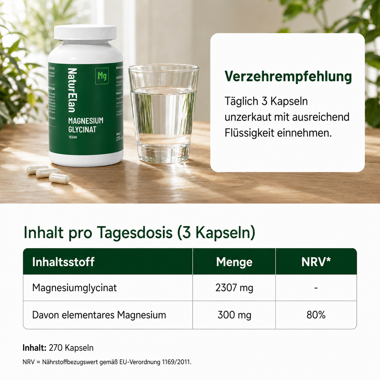 Magnesium Glycinat 300 mg – 270 Kapseln | Nahrungsergänzungsmittel | NaturElan