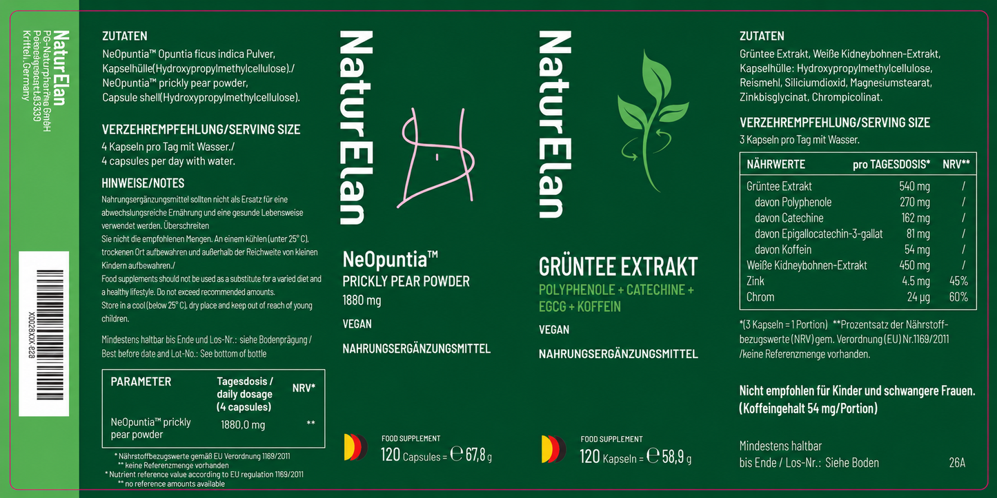 NaturElan Kombi-Set – NeOpuntia™ Feigenkaktus-Pulver 120 Kapseln + Grüntee Extrakt mit Polyphenolen, Catechinen, EGCG & Koffein 120 Kapseln, Zink, Chrom, vegan