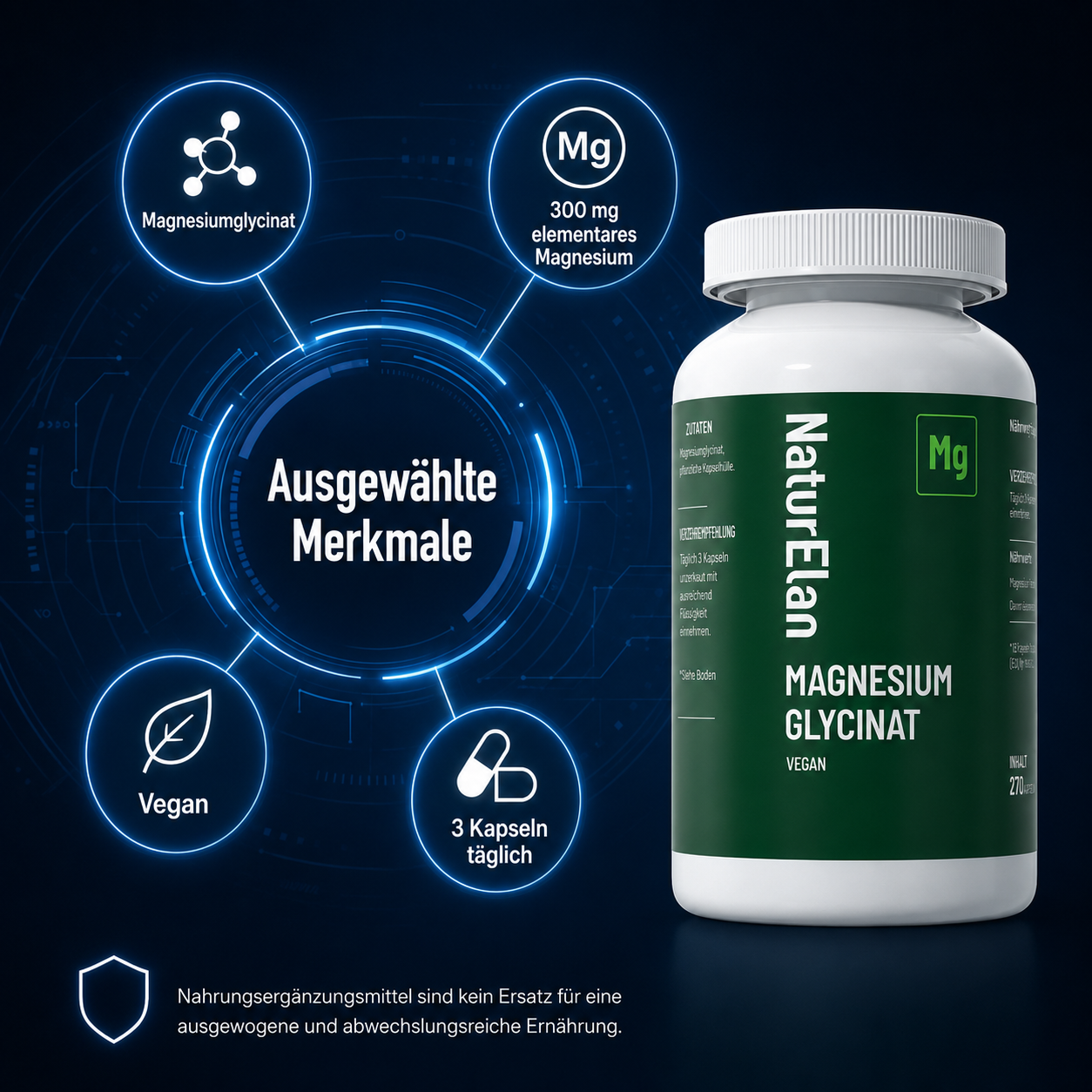 Magnesium Glycinat 300 mg – 270 Kapseln | Nahrungsergänzungsmittel | NaturElan