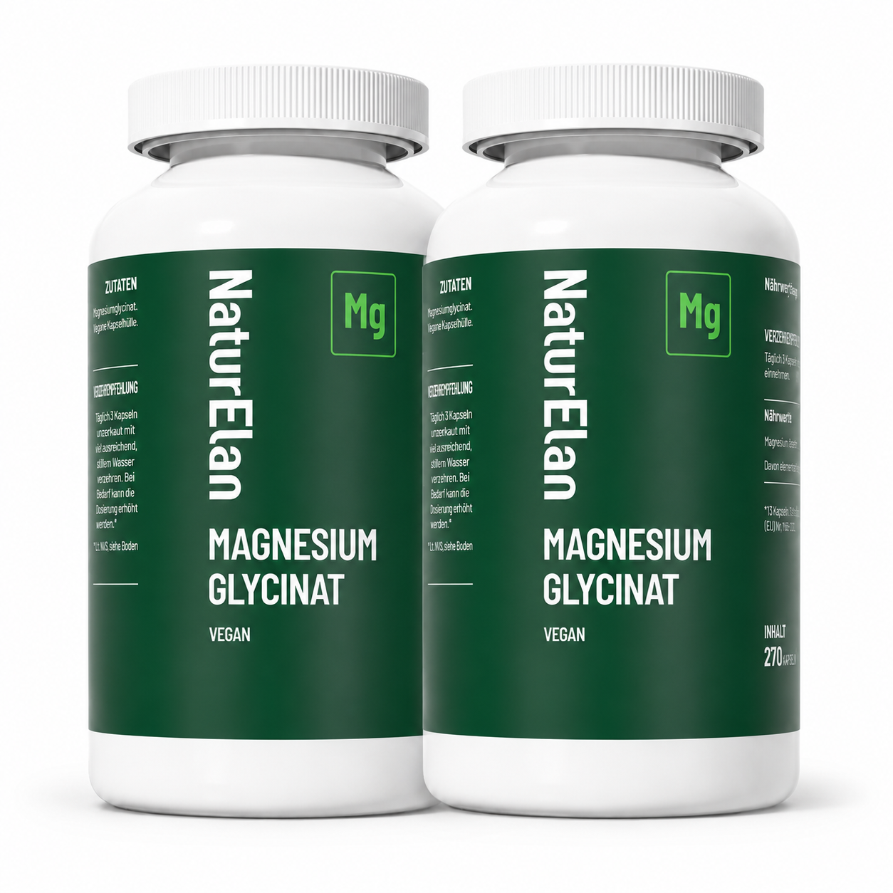 NaturElan Magnesium Glycinat Doppelpack – 2 x 270 Kapseln (540 Kapseln), 2307 mg Magnesiumglycinat, 300 mg elementares Magnesium (80 % NRV), vegan