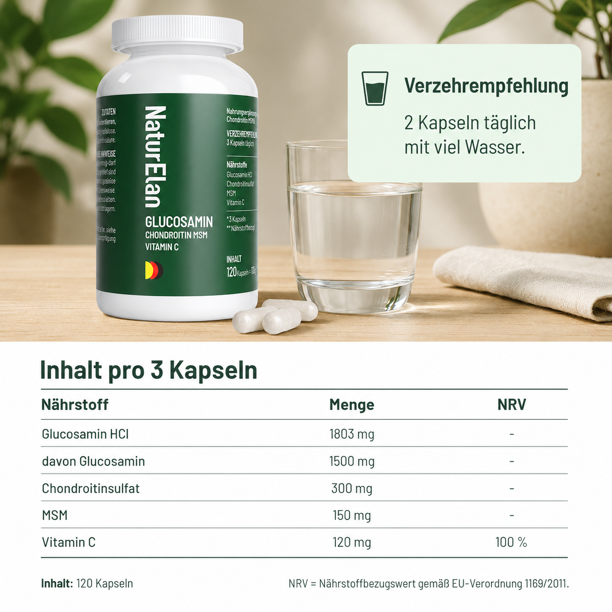 Glucosamin Chondroitin MSM Vitamin C – 120 Kapseln | Vegan