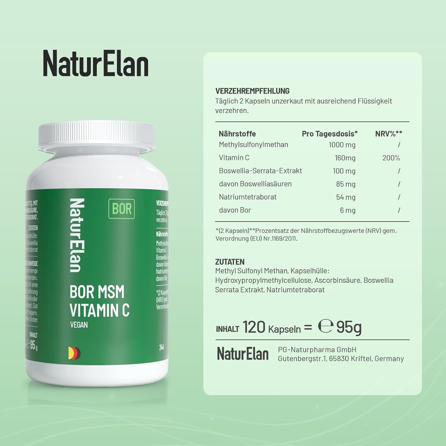 NaturElan BOR MSM Vitamin C – 120 Kapseln, vegan
