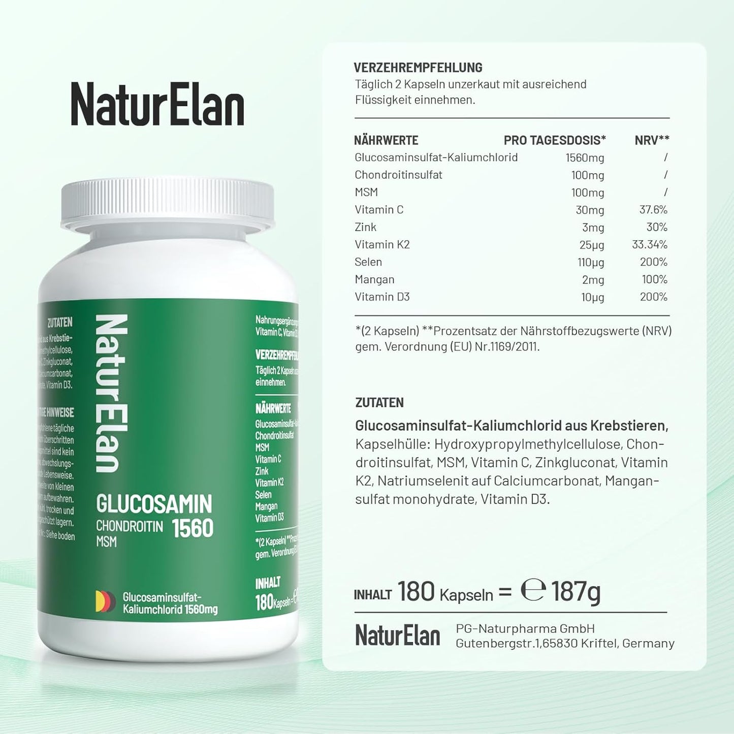 NaturElan Glucosamin Chondroitin 1560 MSM – 180 Kapseln, vegan