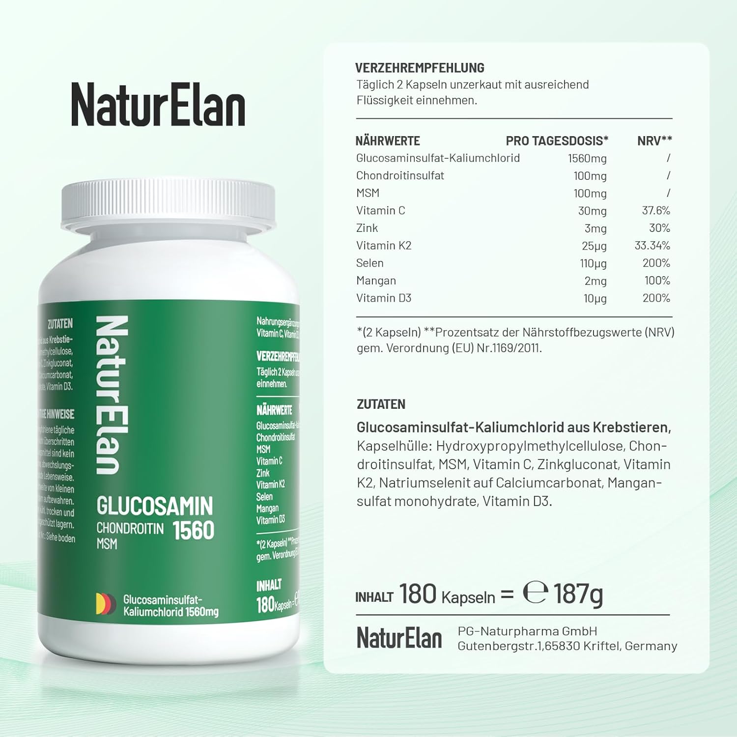 NaturElan Glucosamin Chondroitin 1560 MSM – 180 Kapseln, vegan