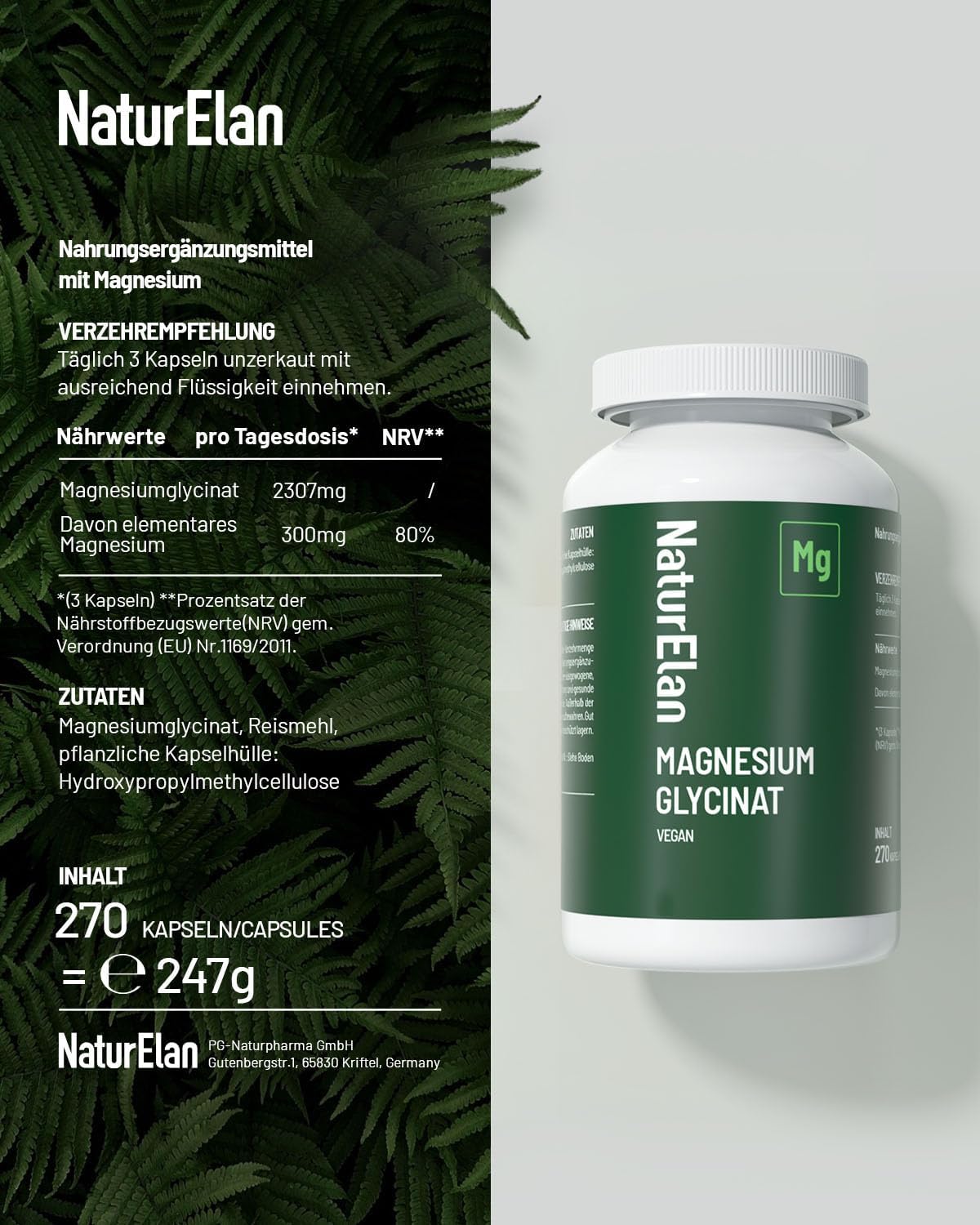 Magnesium Glycinat 300 mg – 270 Kapseln | Nahrungsergänzungsmittel | NaturElan