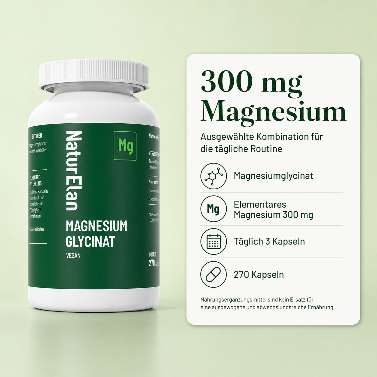 Magnesium Glycinat 300 mg – 270 Kapseln | Nahrungsergänzungsmittel | NaturElan
