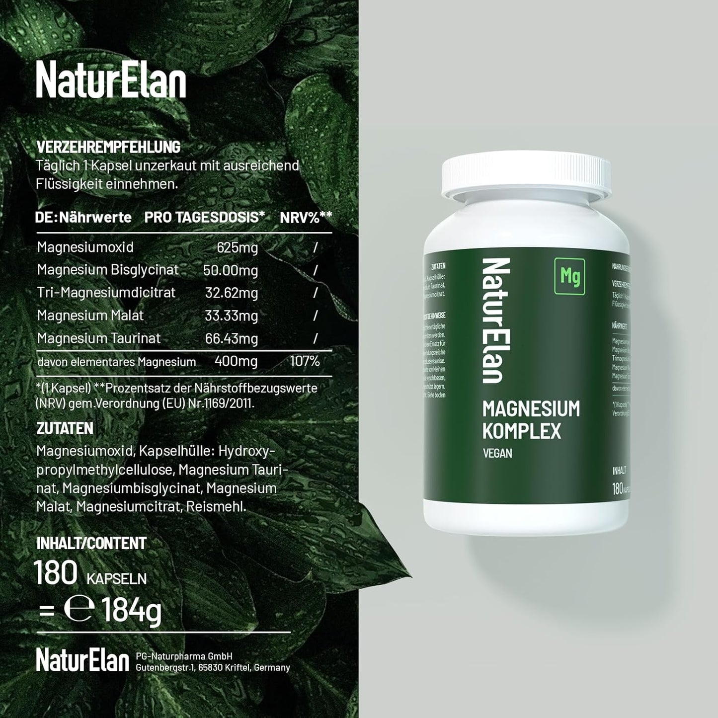 NaturElan Magnesium Komplex Doppelpack – 2 x 180 Kapseln (360 Kapseln), 5-fach Komplex, 400 mg elementares Magnesium (107 % NRV), vegan
