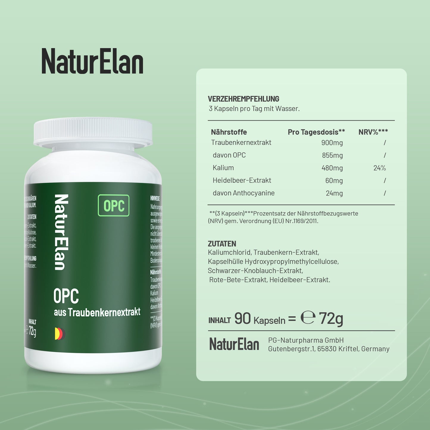 NaturElan OPC aus Traubenkernextrakt – Doppelpack 2 x 90 Kapseln (180 Kapseln), 855 mg OPC, mit Kalium, Heidelbeer-Extrakt