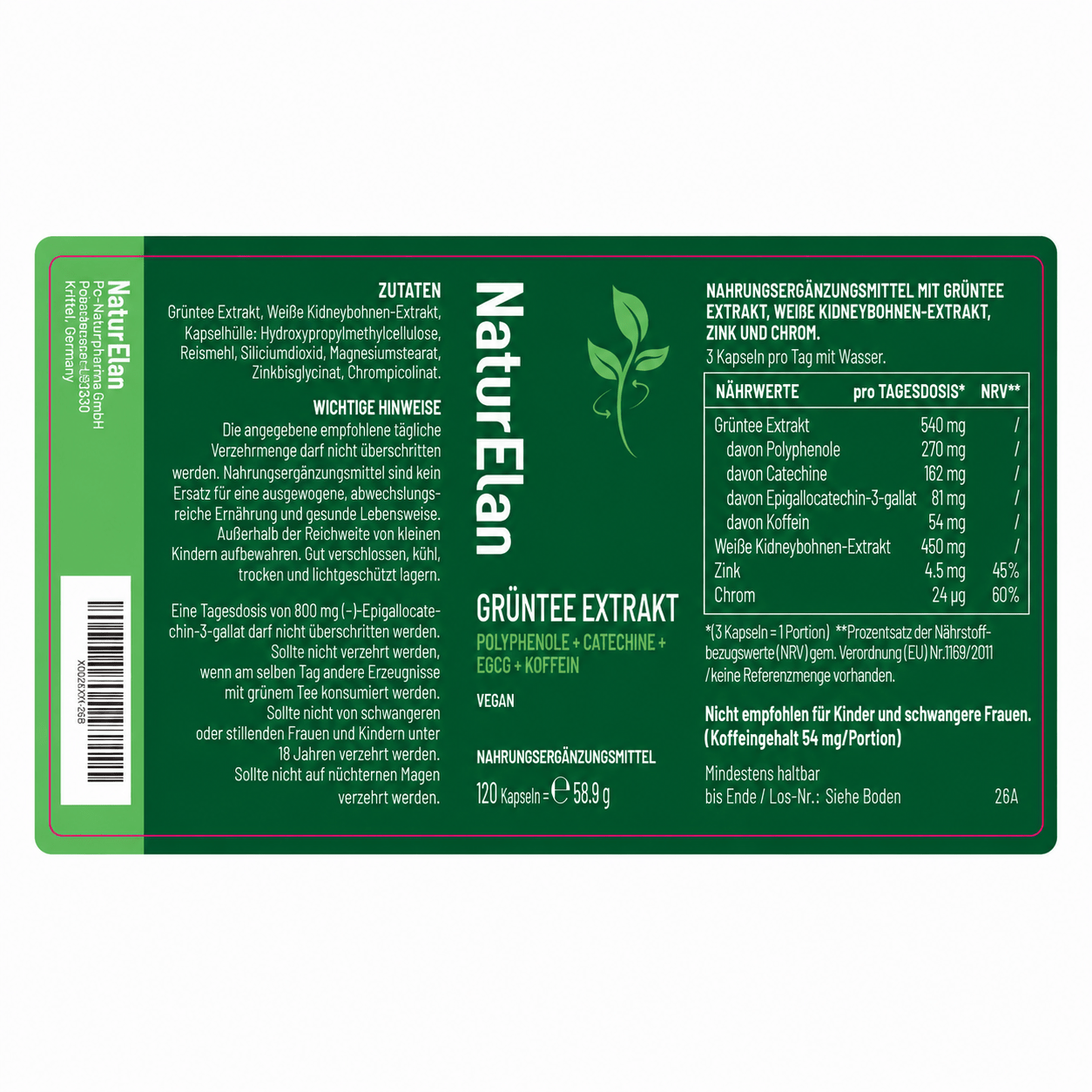 NaturElan Grüntee Extrakt – Polyphenole, Catechine, EGCG & Koffein, 2 × 120 Kapseln (Doppelpack)