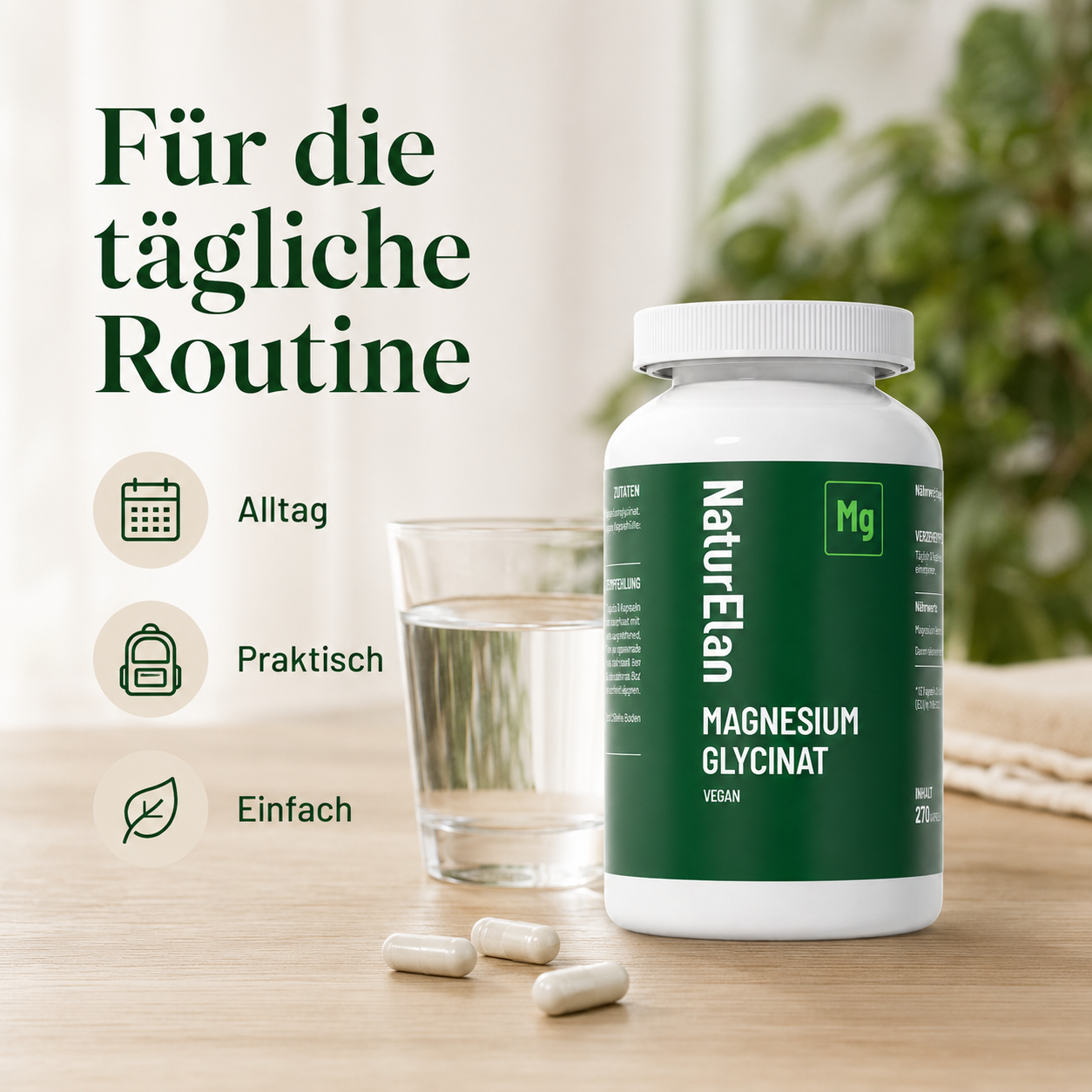 Magnesium Glycinat 300 mg – 270 Kapseln | Nahrungsergänzungsmittel | NaturElan