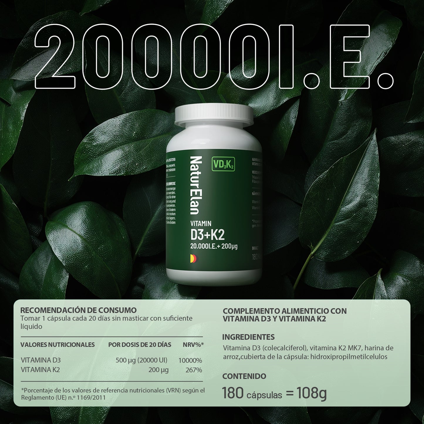 NaturElan Vitamin D3+K2 20.000 I.E. + 200µg – Doppelpack (2 × 180 Kapseln)