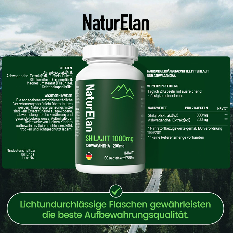 NaturElan Shilajit 1000mg + Ashwagandha 200mg – 90 Kapseln